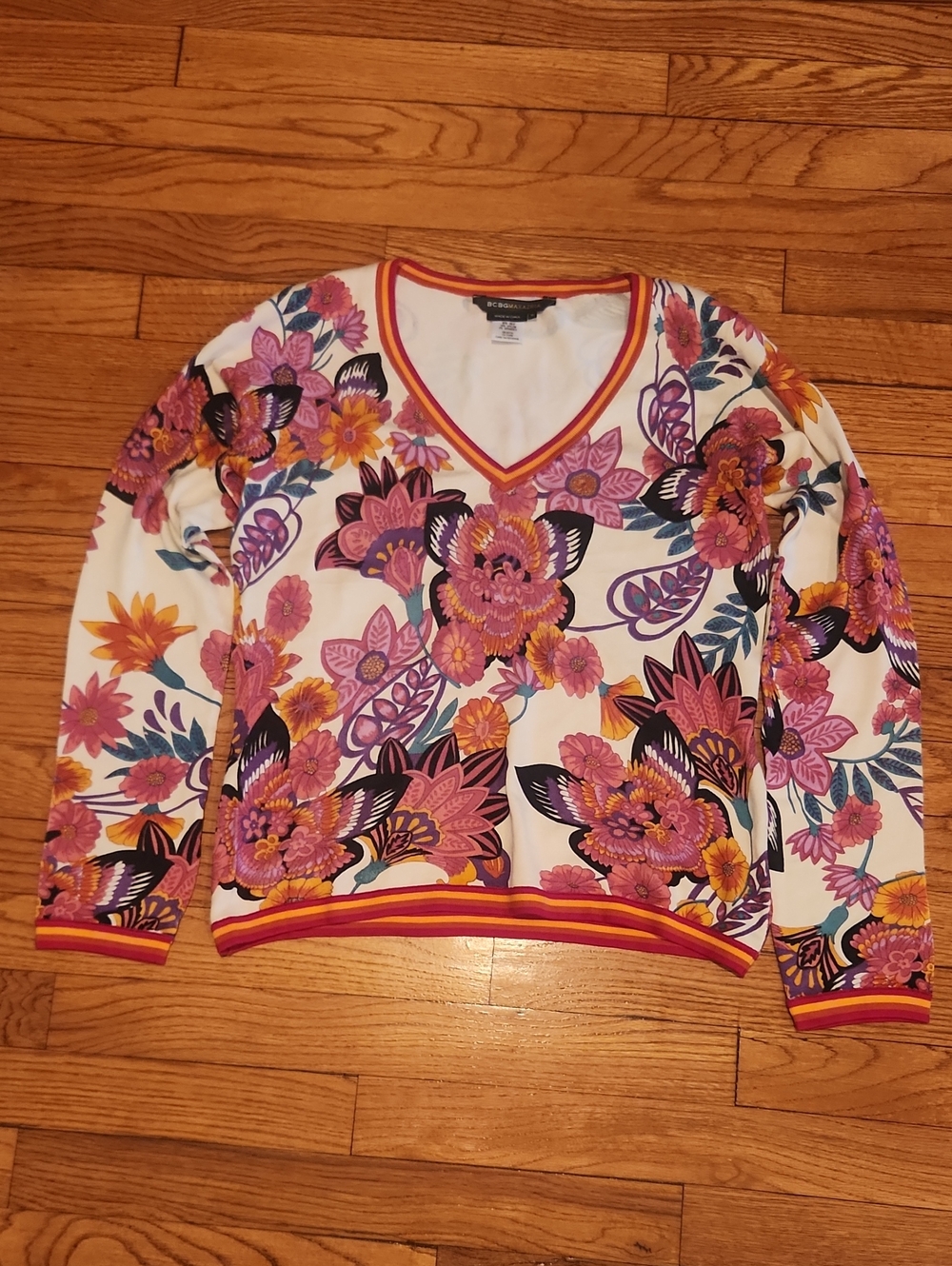 BCBGMaxAzria White V-Neck Sweater with Pink, Orange & Purple Floral Print